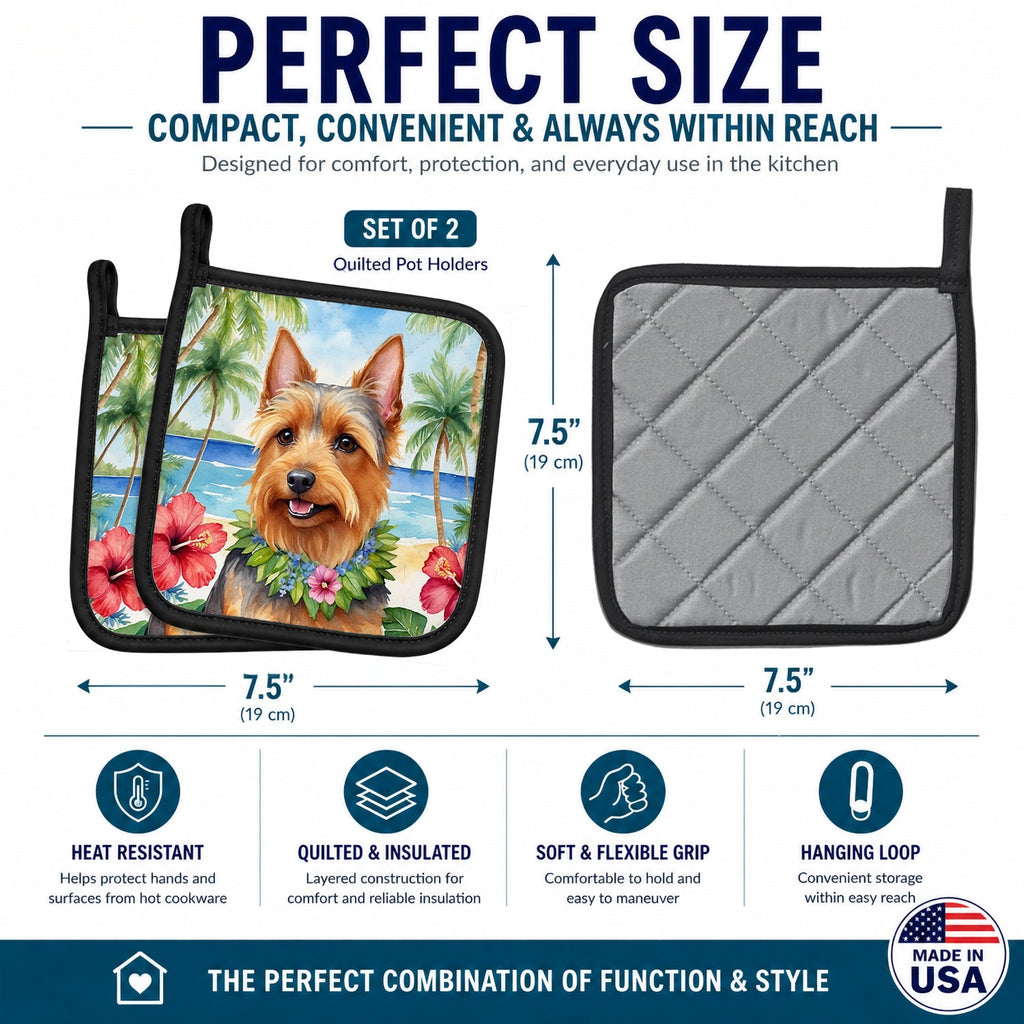 Australian Terrier Luau Pot Holder Set of 2 Heat Resistant Quilted Hot Pads 7.5 x 7.5 Inch, Insulated Kitchen Trivets for Cooking & Baking