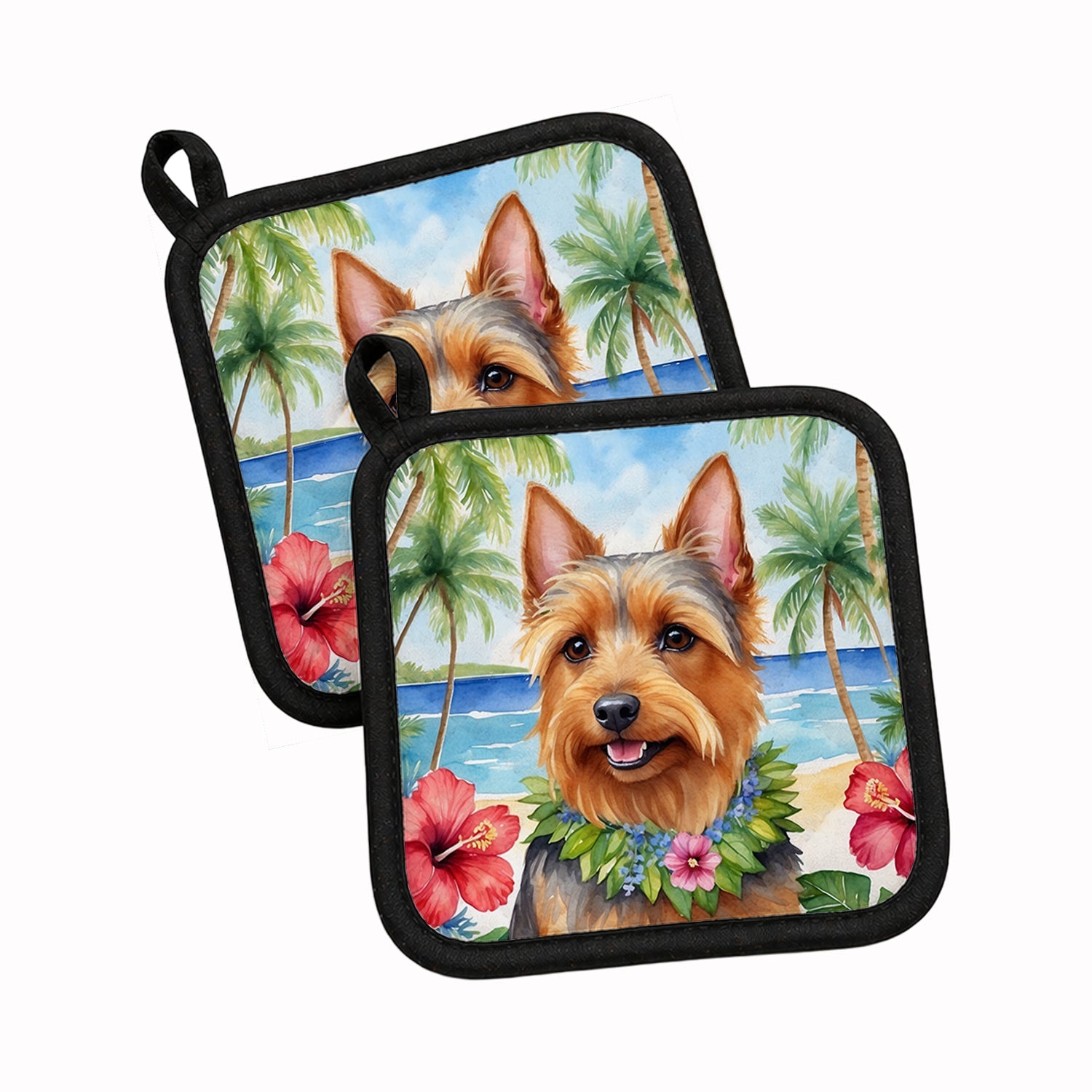 Australian Terrier Luau Pot Holder Set of 2 Heat Resistant Quilted Hot Pads 7.5 x 7.5 Inch, Insulated Kitchen Trivets for Cooking & Baking