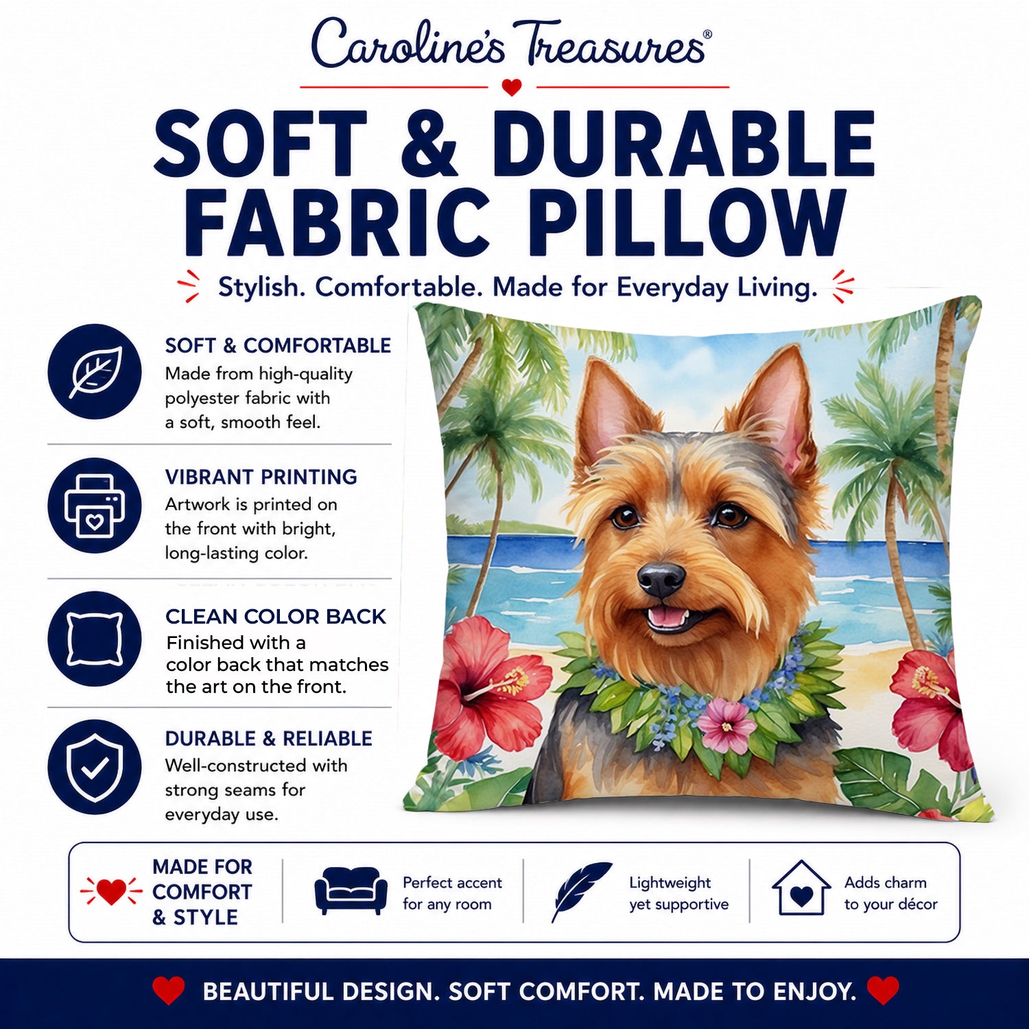 Australian Terrier Luau Decorative Throw Pillow 14x14 Indoor Outdoor Accent Cushion, Fabric Cover with Insert for Sofa, Bed, Porch & Living Room