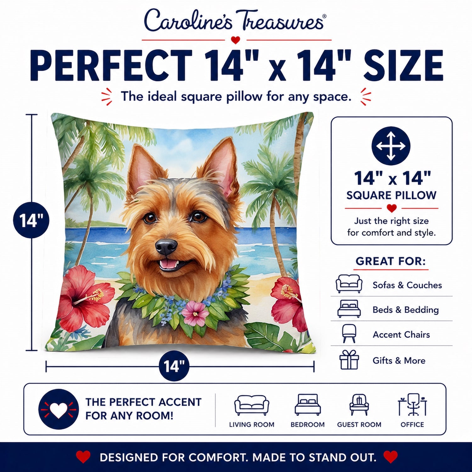 Australian Terrier Luau Decorative Throw Pillow 14x14 Indoor Outdoor Accent Cushion, Fabric Cover with Insert for Sofa, Bed, Porch & Living Room