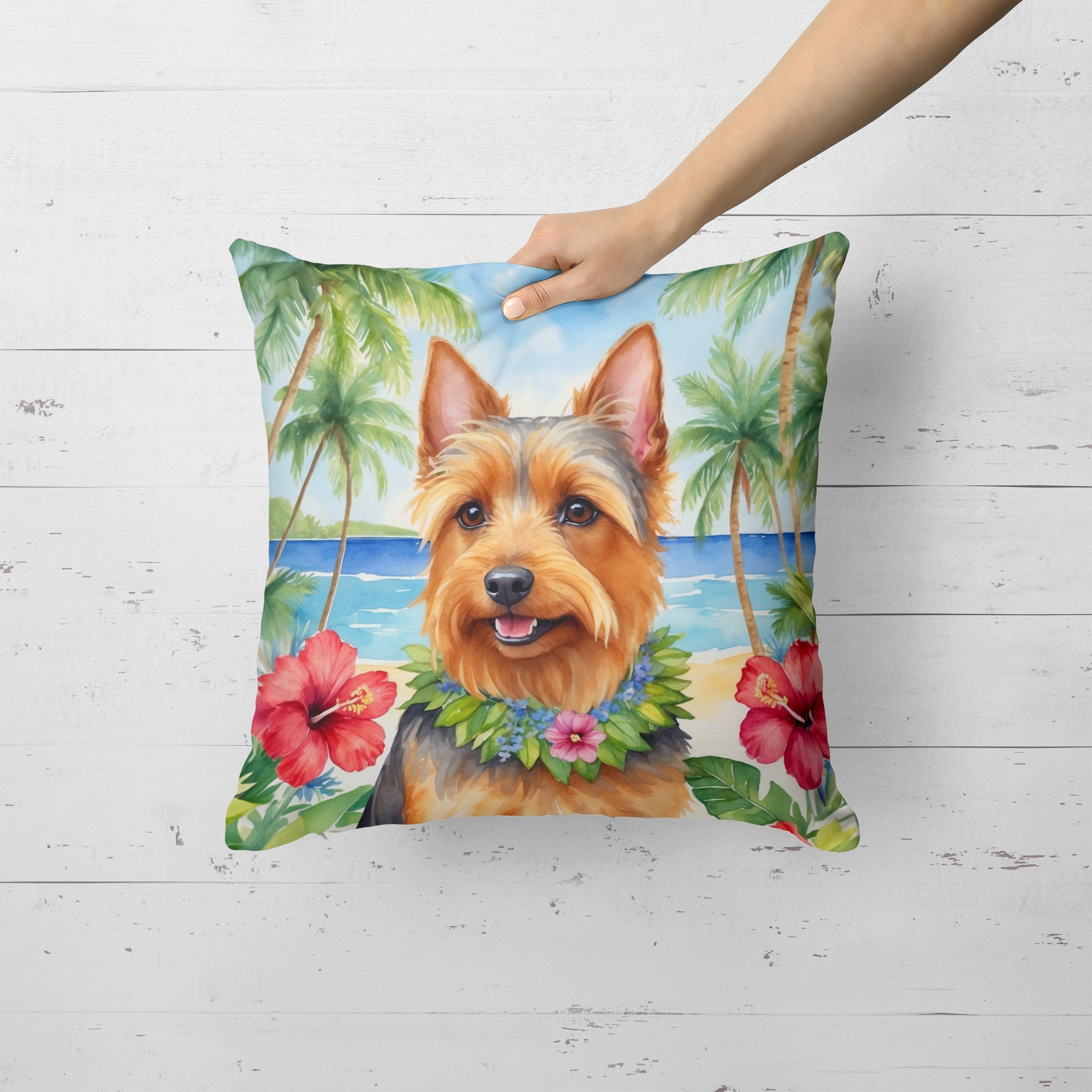Australian Terrier Luau Decorative Throw Pillow 18x18 Indoor Outdoor Accent Cushion, Fabric Cover with Insert for Sofa, Bed, Porch & Living Room