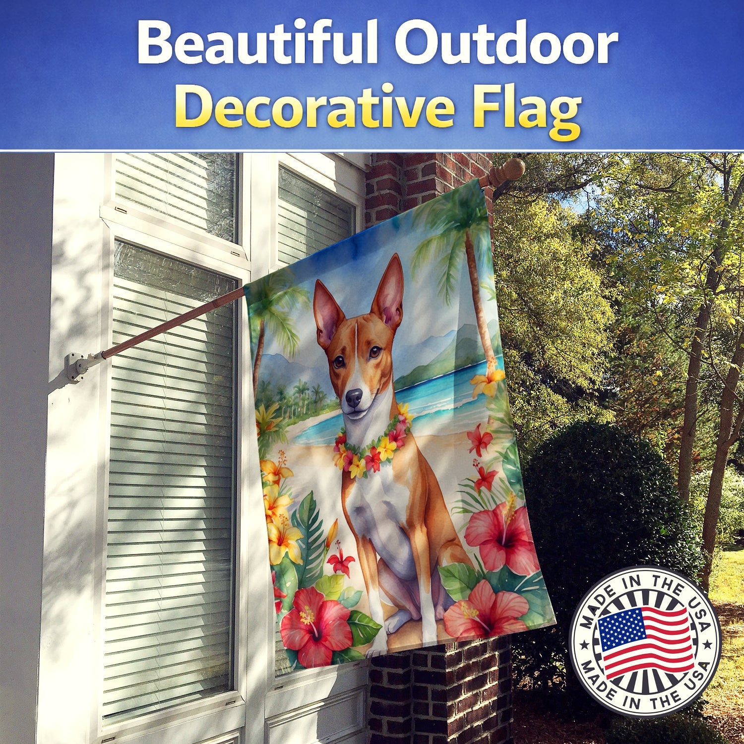 Basenji Luau House Flag 28x40 Porch Sleeve Pole Decorative Outside Yard Banner Artwork Wall Hanging, Polyester
