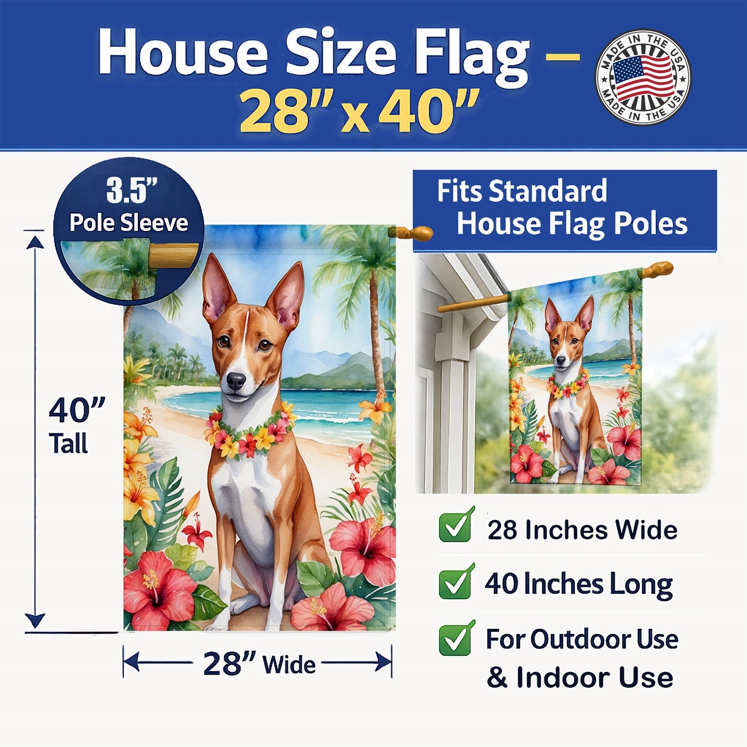 Basenji Luau House Flag 28x40 Porch Sleeve Pole Decorative Outside Yard Banner Artwork Wall Hanging, Polyester