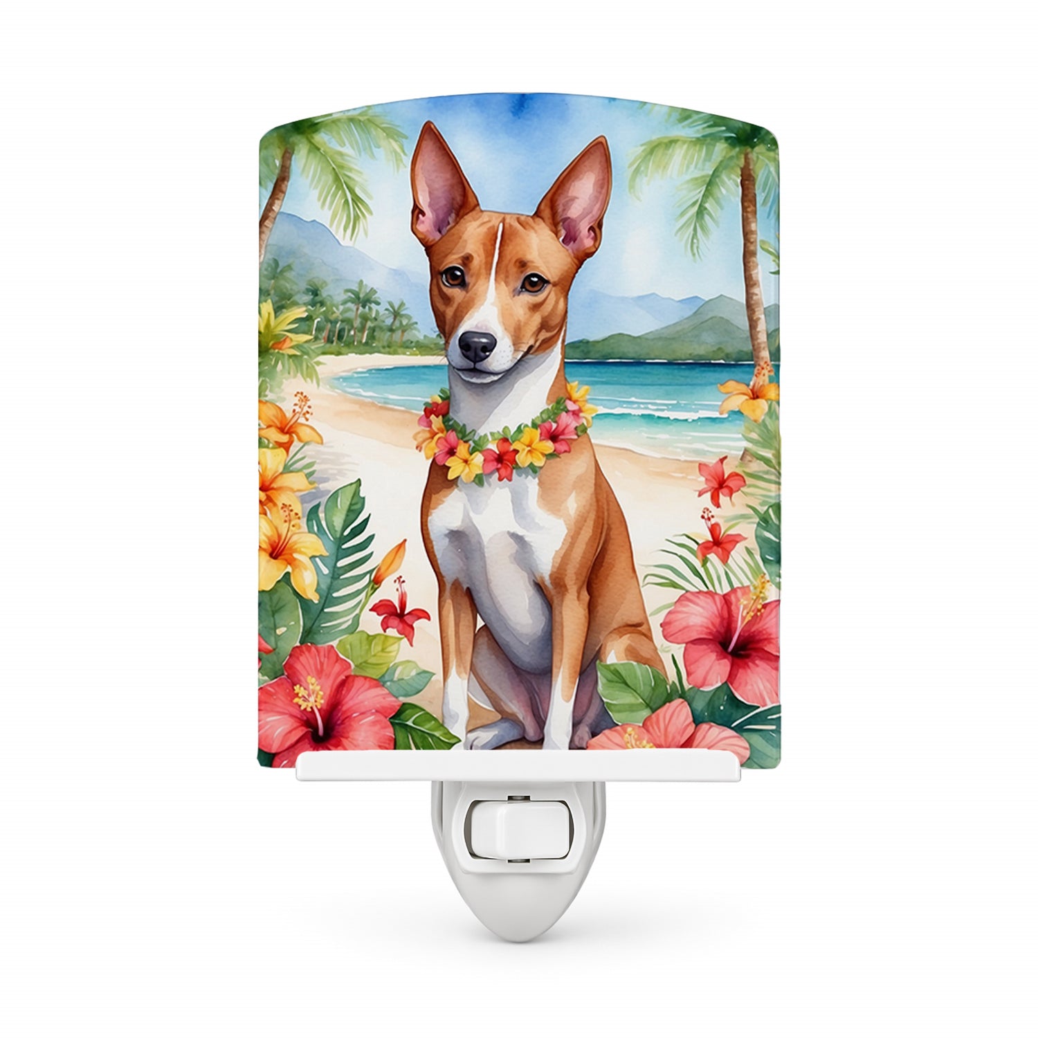 Basenji Luau Ceramic Night Light Compact, UL-Certified, Ideal for Bedroom, Bathroom, Nursery, Hallway, Kitchen, 6x4x3, Multicolor