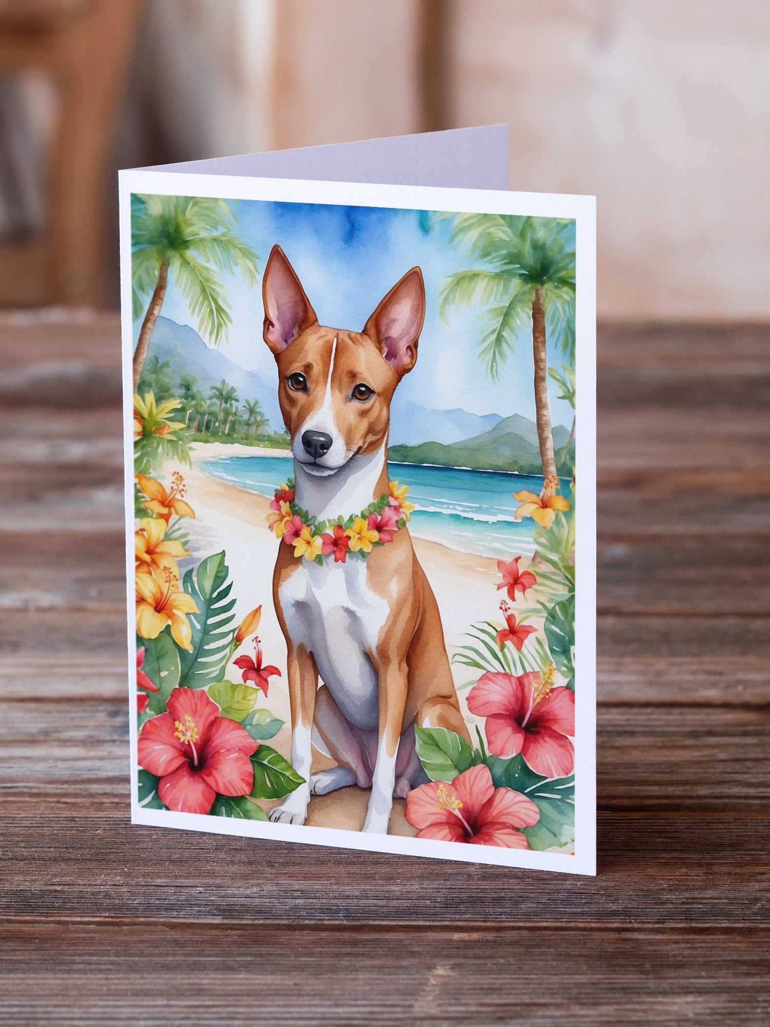 Basenji Luau Greeting Cards Pack of 8 Blank Cards with Envelopes Whimsical A7 Size 5x7