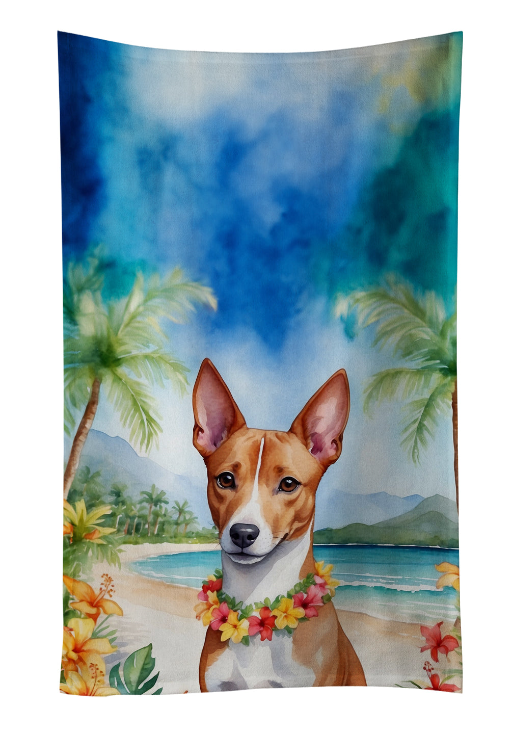 Basenji Luau Kitchen Towel Velour Plush Front and Cotton Loop Back Machine Washable
