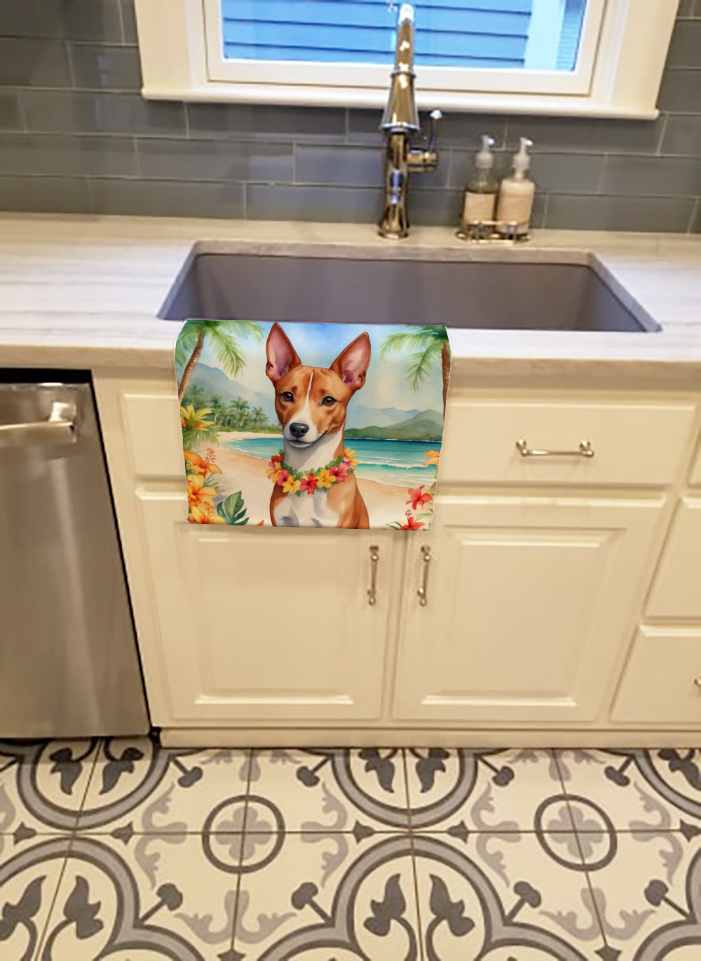 Basenji Luau Kitchen Towel Velour Plush Front and Cotton Loop Back Machine Washable