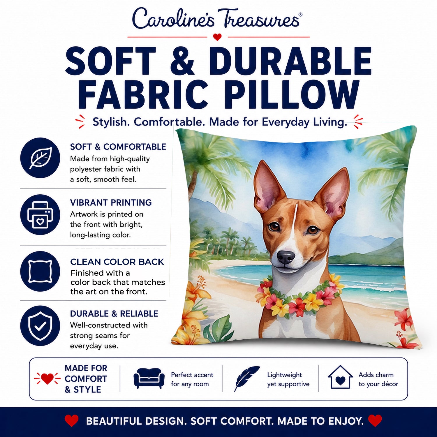 Basenji Luau Decorative Throw Pillow 14x14 Indoor Outdoor Accent Cushion, Fabric Cover with Insert for Sofa, Bed, Porch & Living Room