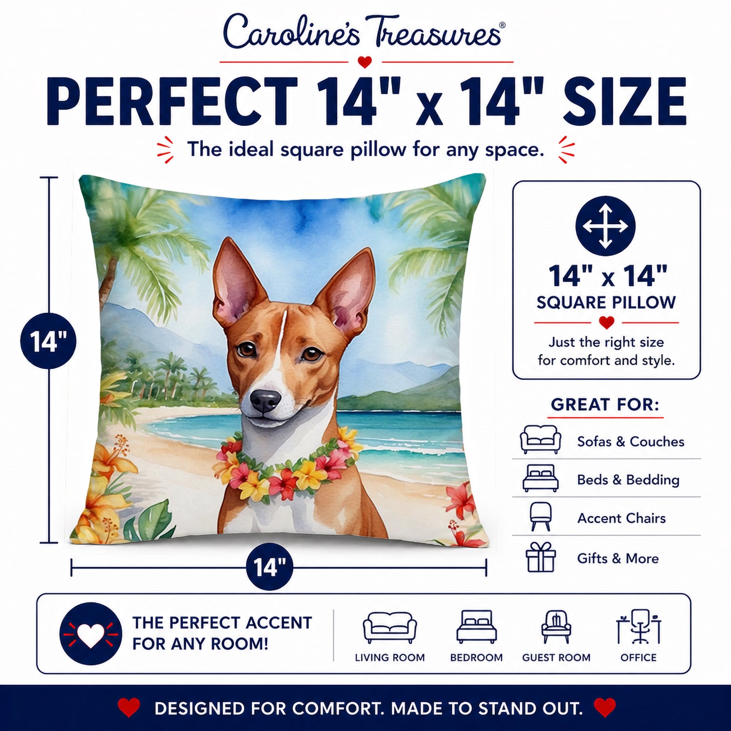 Basenji Luau Decorative Throw Pillow 14x14 Indoor Outdoor Accent Cushion, Fabric Cover with Insert for Sofa, Bed, Porch & Living Room