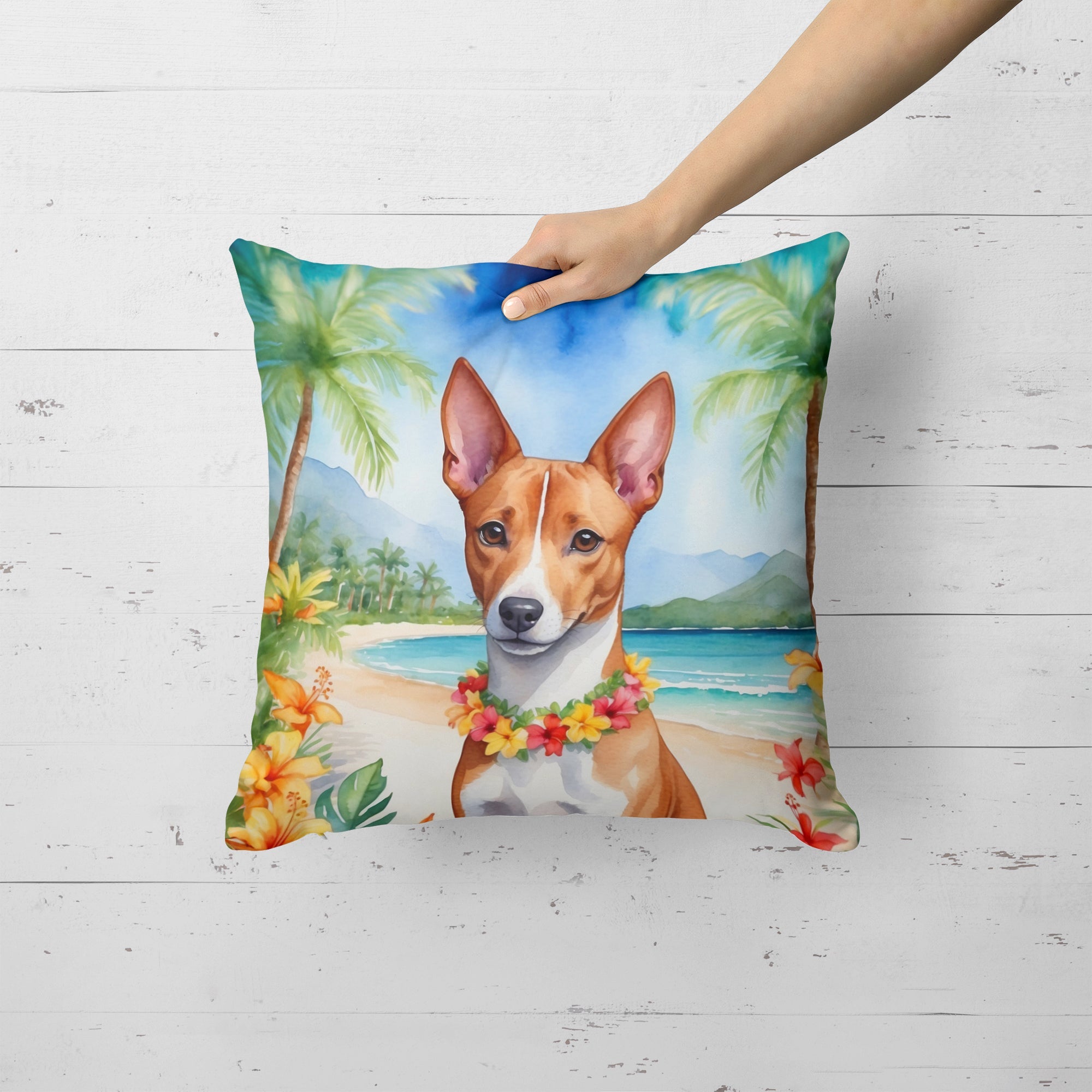 Basenji Luau Decorative Throw Pillow 18x18 Indoor Outdoor Accent Cushion, Fabric Cover with Insert for Sofa, Bed, Porch & Living Room