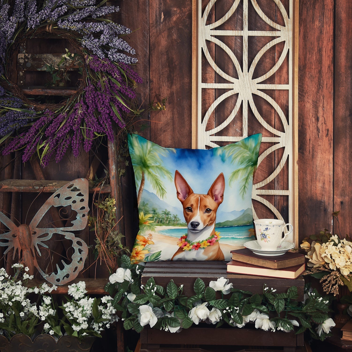 Basenji Luau Decorative Throw Pillow 18x18 Indoor Outdoor Accent Cushion, Fabric Cover with Insert for Sofa, Bed, Porch & Living Room