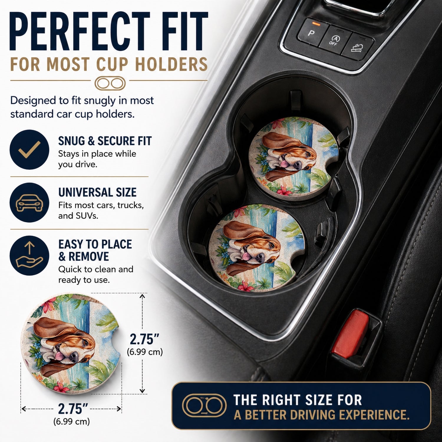 Basset Hound Luau Set of 2 Cup Holder Car Coasters Absorbent Round Sandstone Coasters Gifts for Men or Women, 2.5, Multicolor