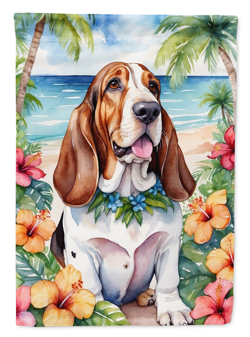 Basset Hound Luau House Flag 28x40 Porch Sleeve Pole Decorative Outside Yard Banner Artwork Wall Hanging, Polyester