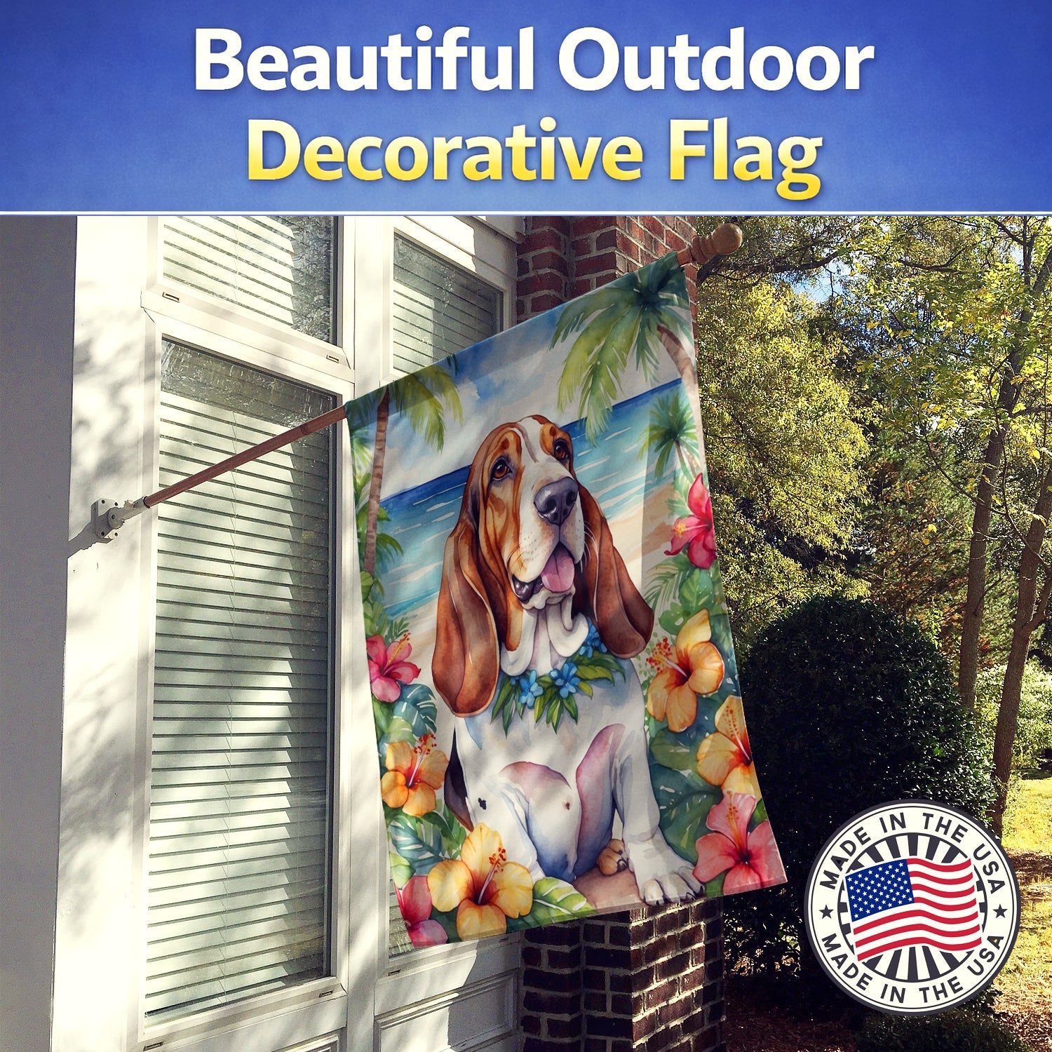 Basset Hound Luau House Flag 28x40 Porch Sleeve Pole Decorative Outside Yard Banner Artwork Wall Hanging, Polyester