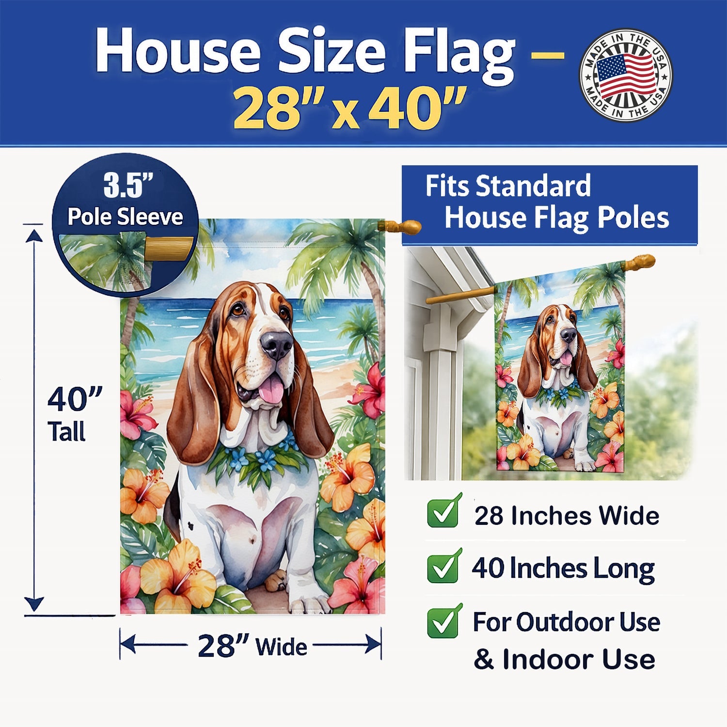 Basset Hound Luau House Flag 28x40 Porch Sleeve Pole Decorative Outside Yard Banner Artwork Wall Hanging, Polyester