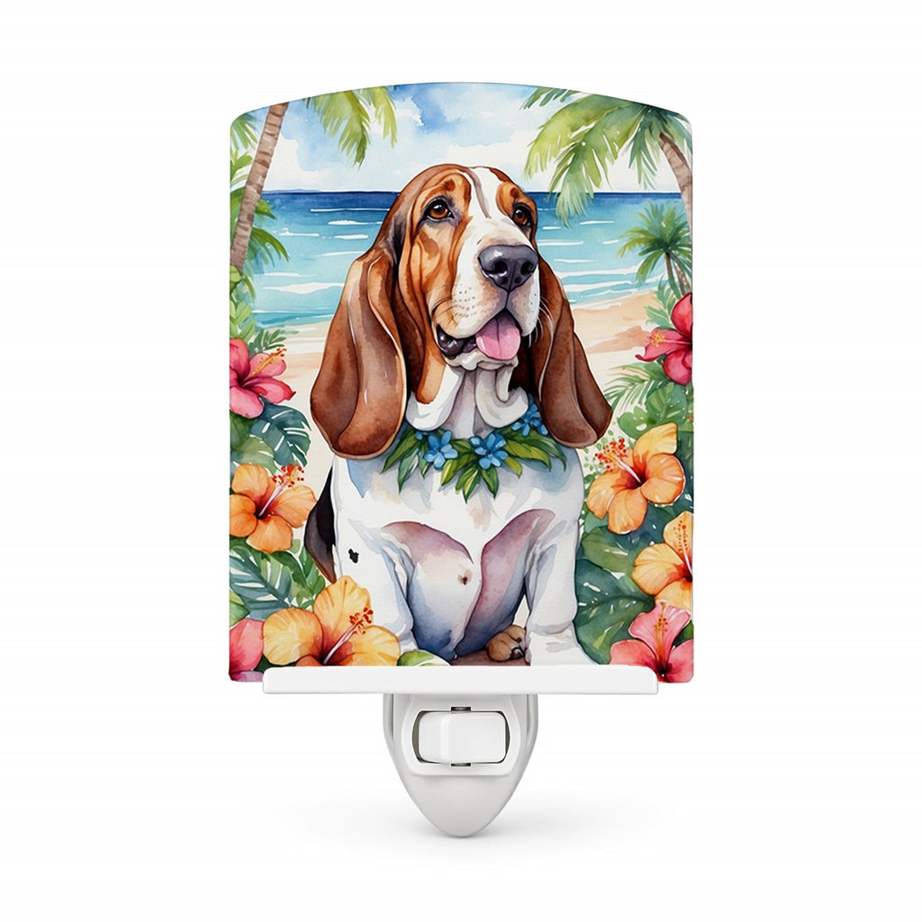 Basset Hound Luau Ceramic Night Light Compact, UL-Certified, Ideal for Bedroom, Bathroom, Nursery, Hallway, Kitchen, 6x4x3, Multicolor