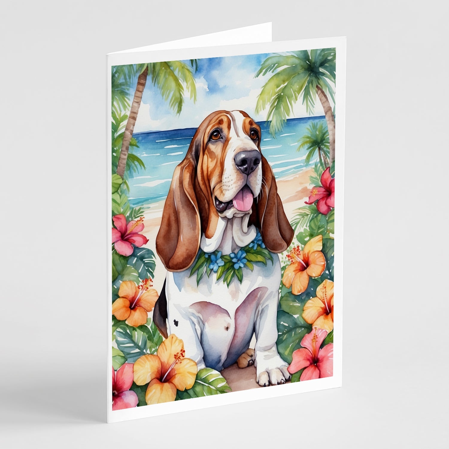 Basset Hound Luau Greeting Cards Pack of 8 Blank Cards with Envelopes Whimsical A7 Size 5x7