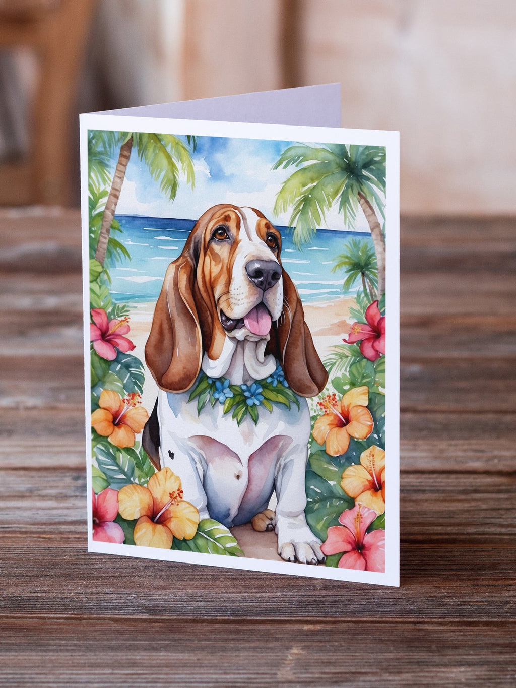 Basset Hound Luau Greeting Cards Pack of 8 Blank Cards with Envelopes Whimsical A7 Size 5x7