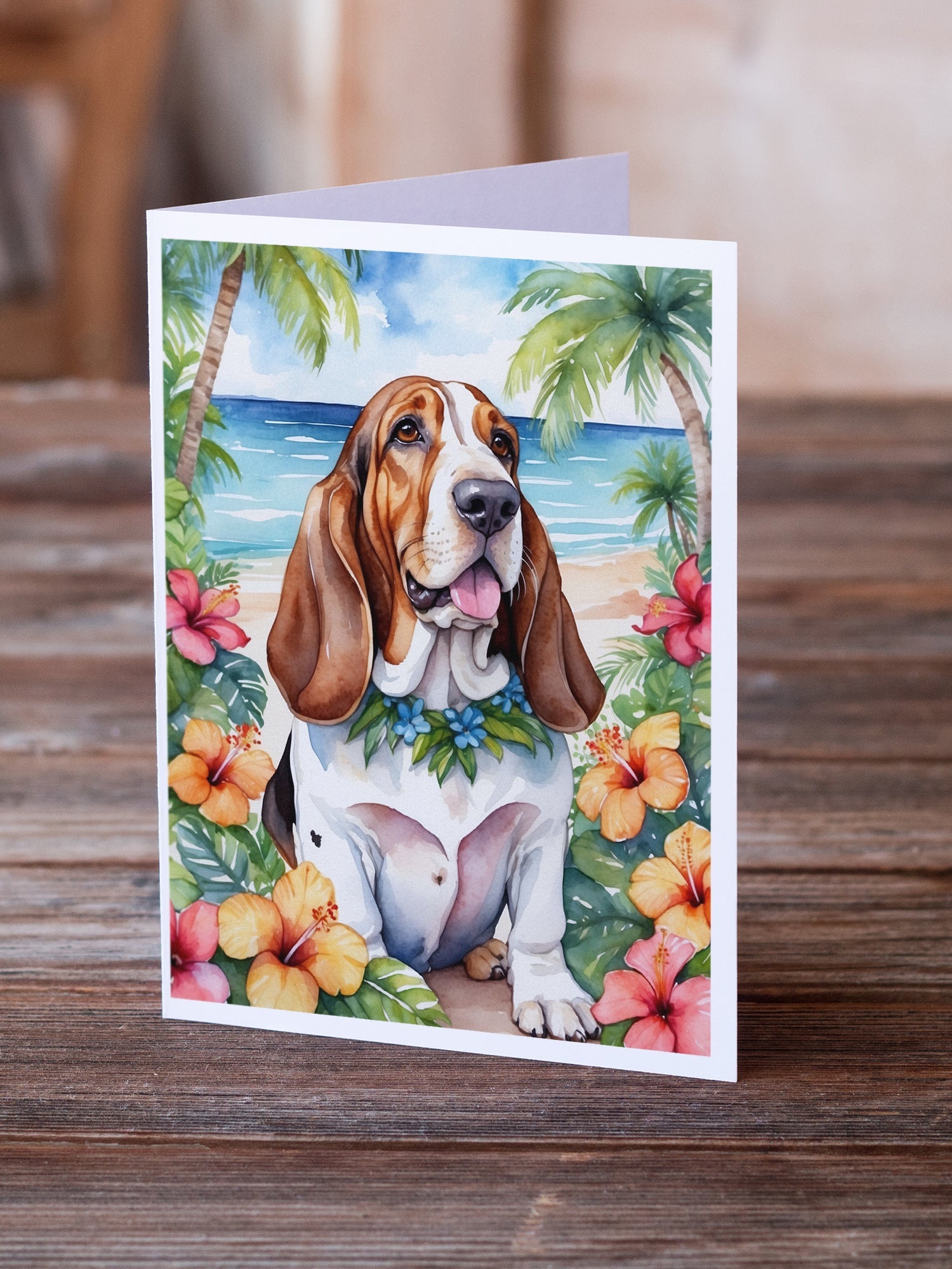 Basset Hound Luau Greeting Cards Pack of 8 Blank Cards with Envelopes Whimsical A7 Size 5x7
