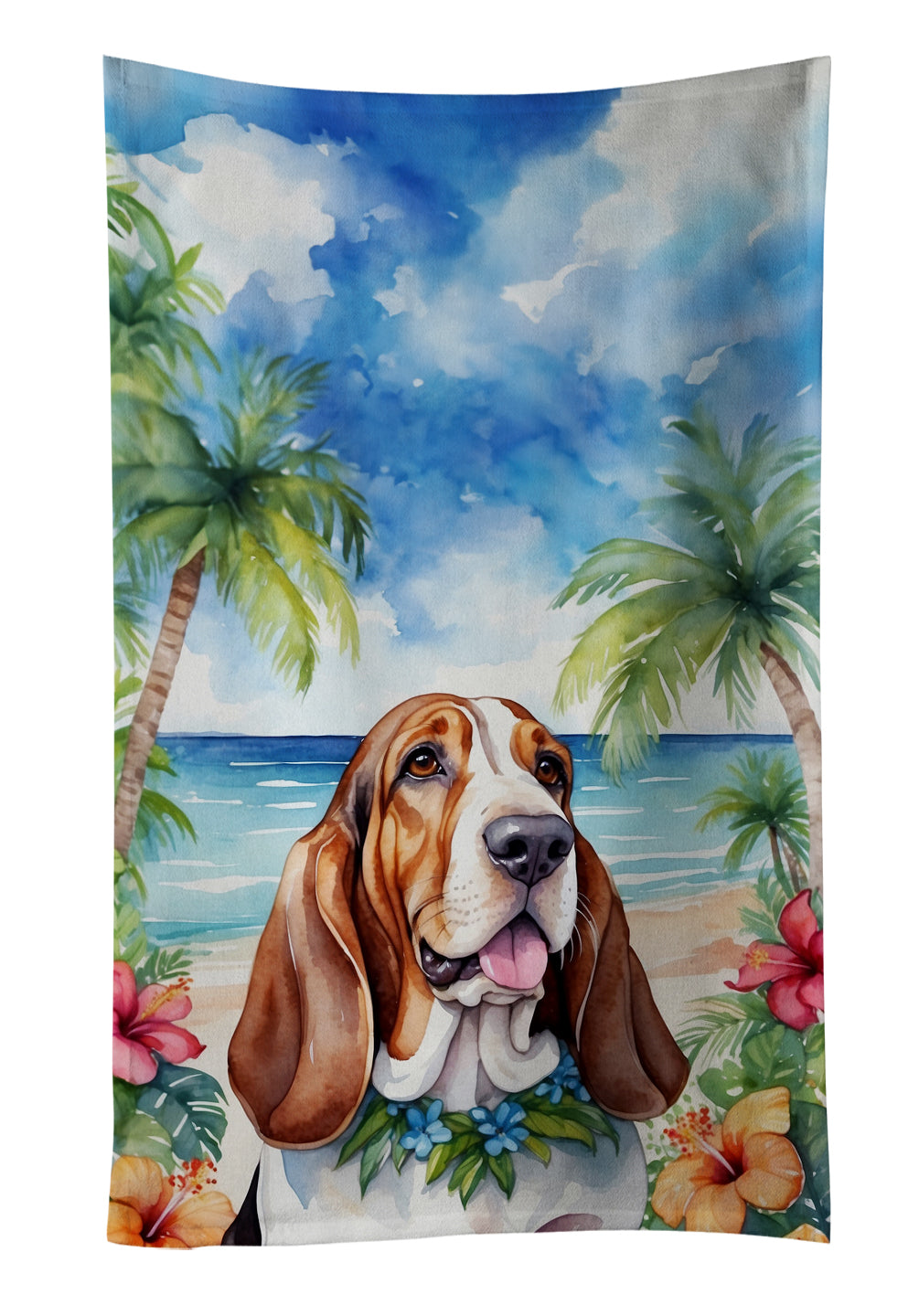 Basset Hound Luau Kitchen Towel Velour Plush Front and Cotton Loop Back Machine Washable