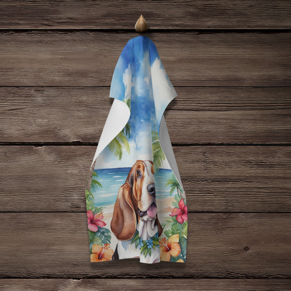 Basset Hound Luau Kitchen Towel Velour Plush Front and Cotton Loop Back Machine Washable