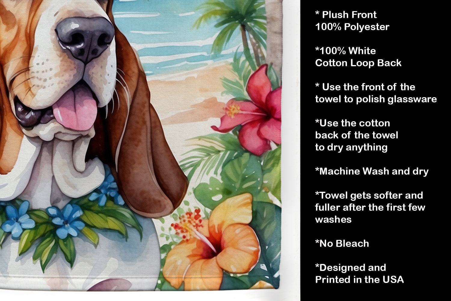 Basset Hound Luau Kitchen Towel Velour Plush Front and Cotton Loop Back Machine Washable