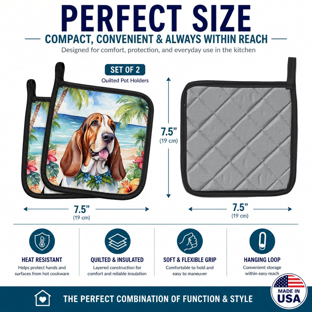 Basset Hound Luau Pot Holder Set of 2 Heat Resistant Quilted Hot Pads 7.5 x 7.5 Inch, Insulated Kitchen Trivets for Cooking & Baking