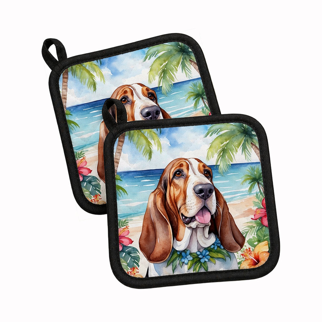 Basset Hound Luau Pot Holder Set of 2 Heat Resistant Quilted Hot Pads 7.5 x 7.5 Inch, Insulated Kitchen Trivets for Cooking & Baking