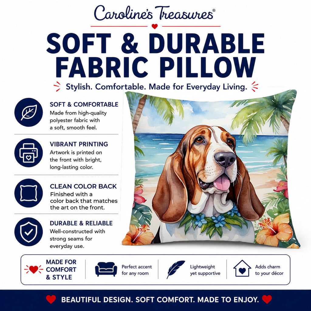 Basset Hound Luau Decorative Throw Pillow 14x14 Indoor Outdoor Accent Cushion, Fabric Cover with Insert for Sofa, Bed, Porch & Living Room