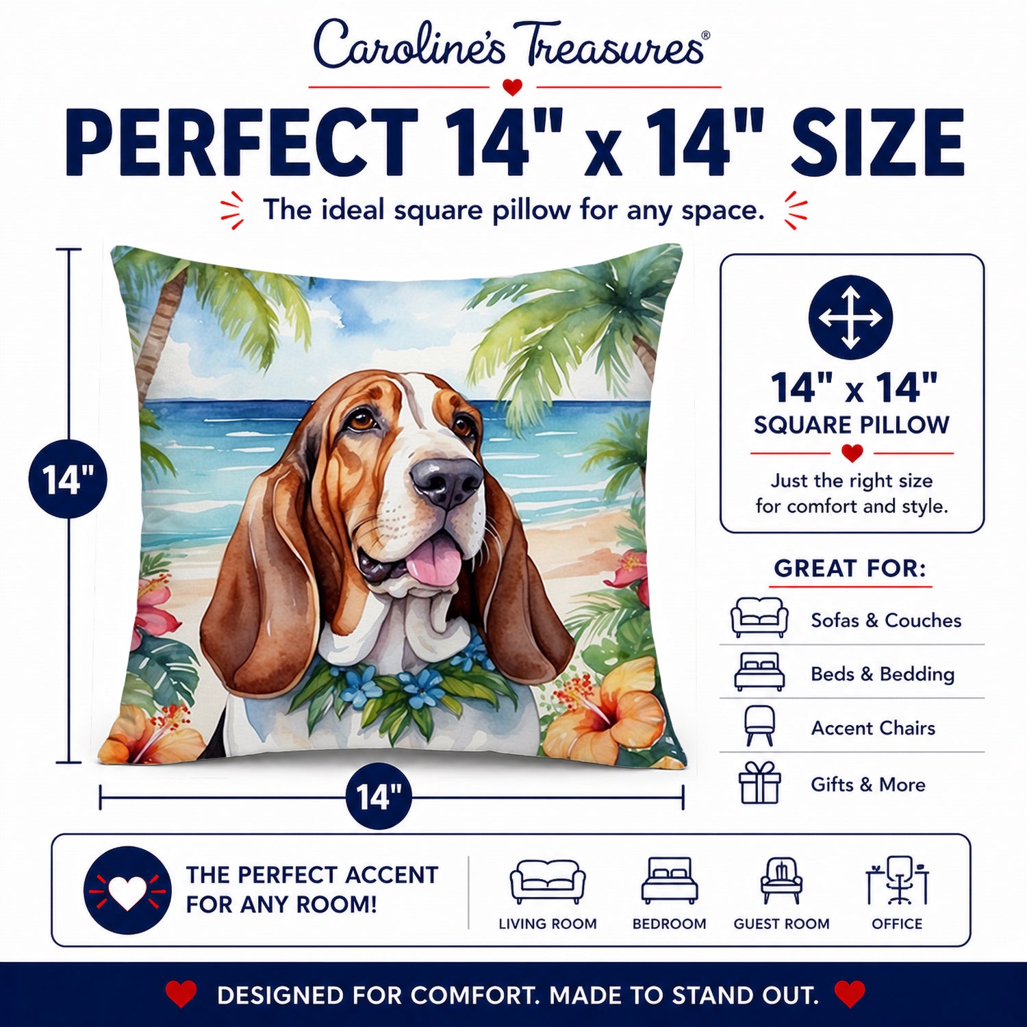 Basset Hound Luau Decorative Throw Pillow 14x14 Indoor Outdoor Accent Cushion, Fabric Cover with Insert for Sofa, Bed, Porch & Living Room