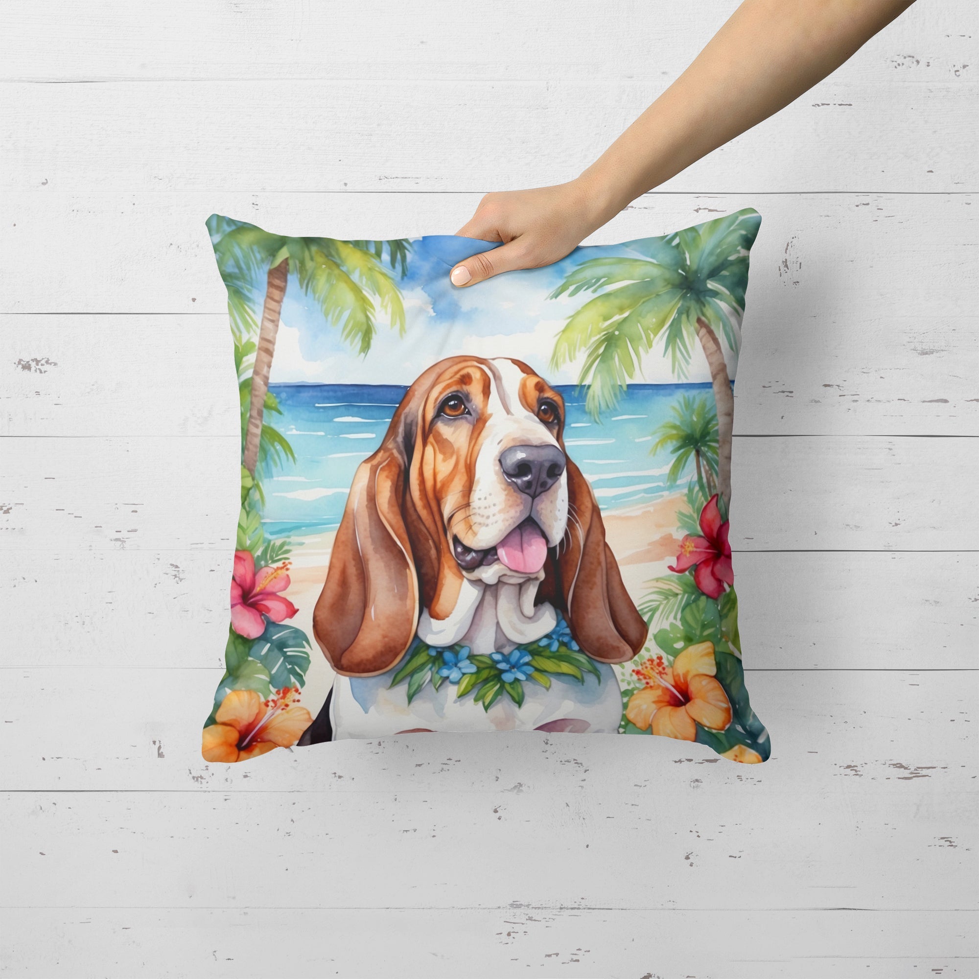 Basset Hound Luau Decorative Throw Pillow 18x18 Indoor Outdoor Accent Cushion, Fabric Cover with Insert for Sofa, Bed, Porch & Living Room