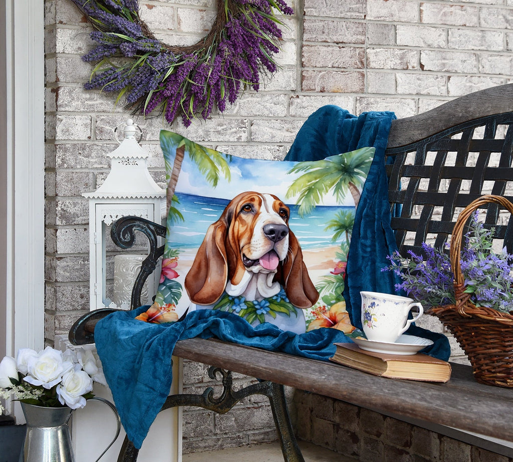 Basset Hound Luau Decorative Throw Pillow 18x18 Indoor Outdoor Accent Cushion, Fabric Cover with Insert for Sofa, Bed, Porch & Living Room