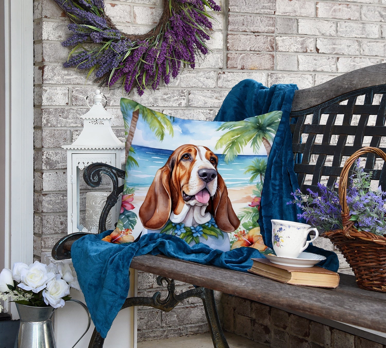 Basset Hound Luau Decorative Throw Pillow 18x18 Indoor Outdoor Accent Cushion, Fabric Cover with Insert for Sofa, Bed, Porch & Living Room