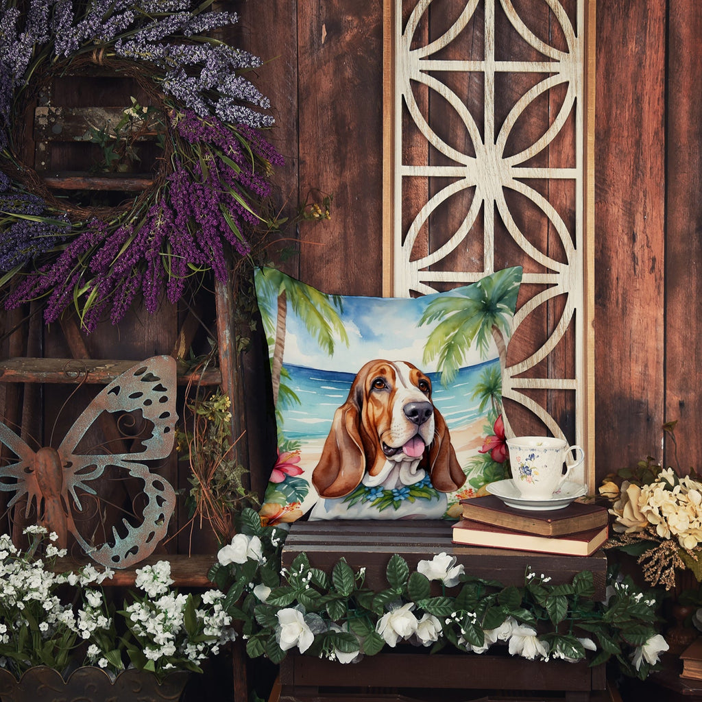 Basset Hound Luau Decorative Throw Pillow 18x18 Indoor Outdoor Accent Cushion, Fabric Cover with Insert for Sofa, Bed, Porch & Living Room