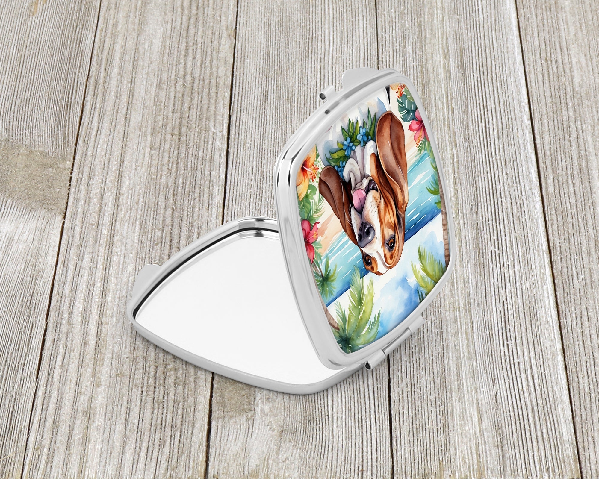 Basset Hound Luau Compact Mirror Decorative Travel Makeup Mirror for Women Girls Gifts Pocket Makeup Mirror Folding Handheld