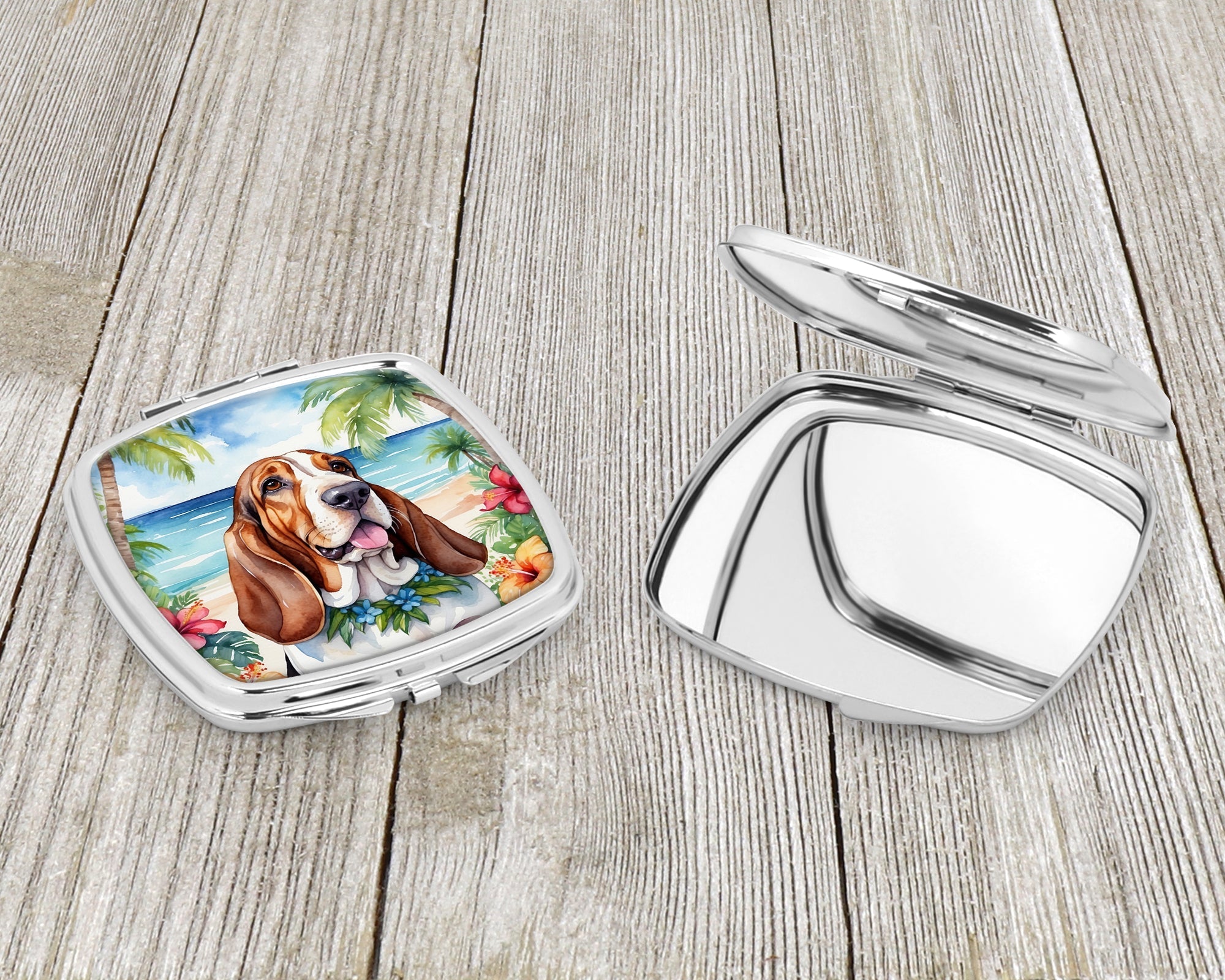 Basset Hound Luau Compact Mirror Decorative Travel Makeup Mirror for Women Girls Gifts Pocket Makeup Mirror Folding Handheld
