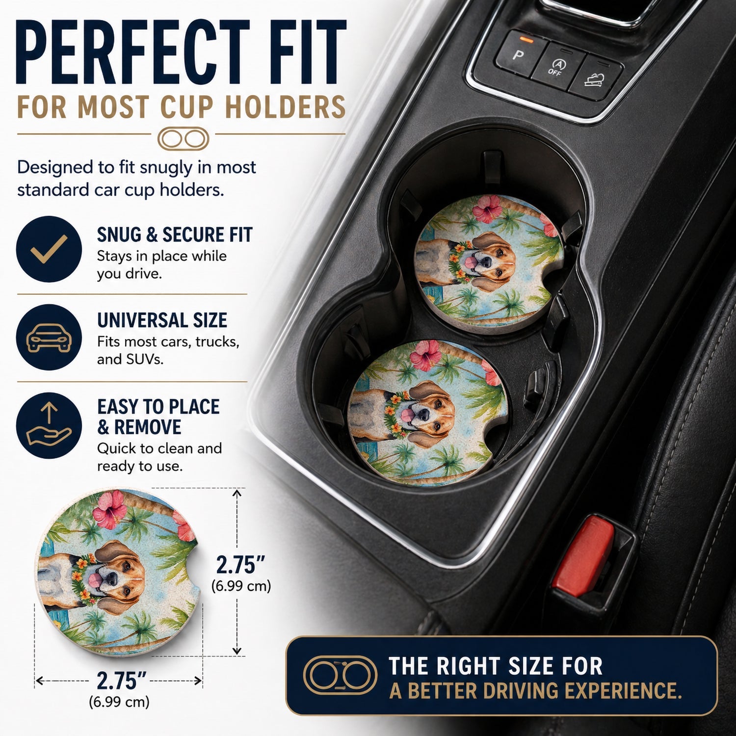Beagle Luau Set of 2 Cup Holder Car Coasters Absorbent Round Sandstone Coasters Gifts for Men or Women, 2.5, Multicolor
