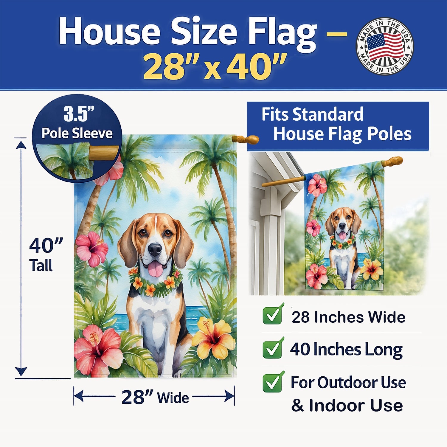 Beagle Luau House Flag 28x40 Porch Sleeve Pole Decorative Outside Yard Banner Artwork Wall Hanging, Polyester