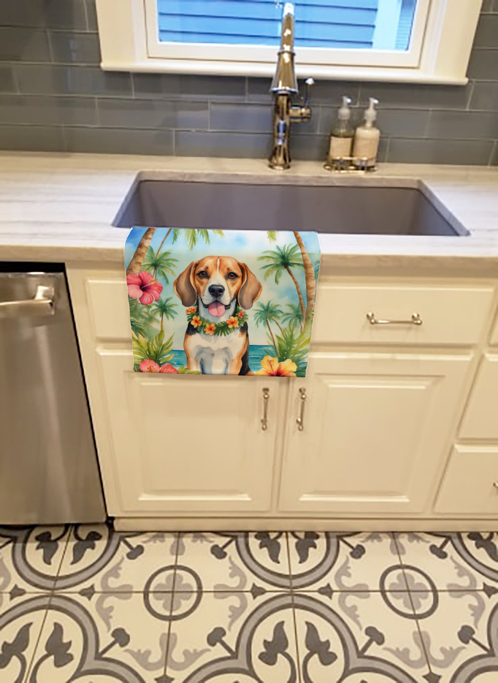 Beagle Luau Kitchen Towel Velour Plush Front and Cotton Loop Back Machine Washable