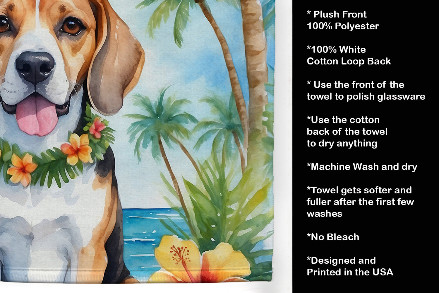 Beagle Luau Kitchen Towel Velour Plush Front and Cotton Loop Back Machine Washable