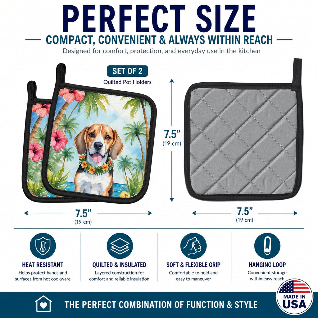 Beagle Luau Pot Holder Set of 2 Heat Resistant Quilted Hot Pads 7.5 x 7.5 Inch, Insulated Kitchen Trivets for Cooking & Baking