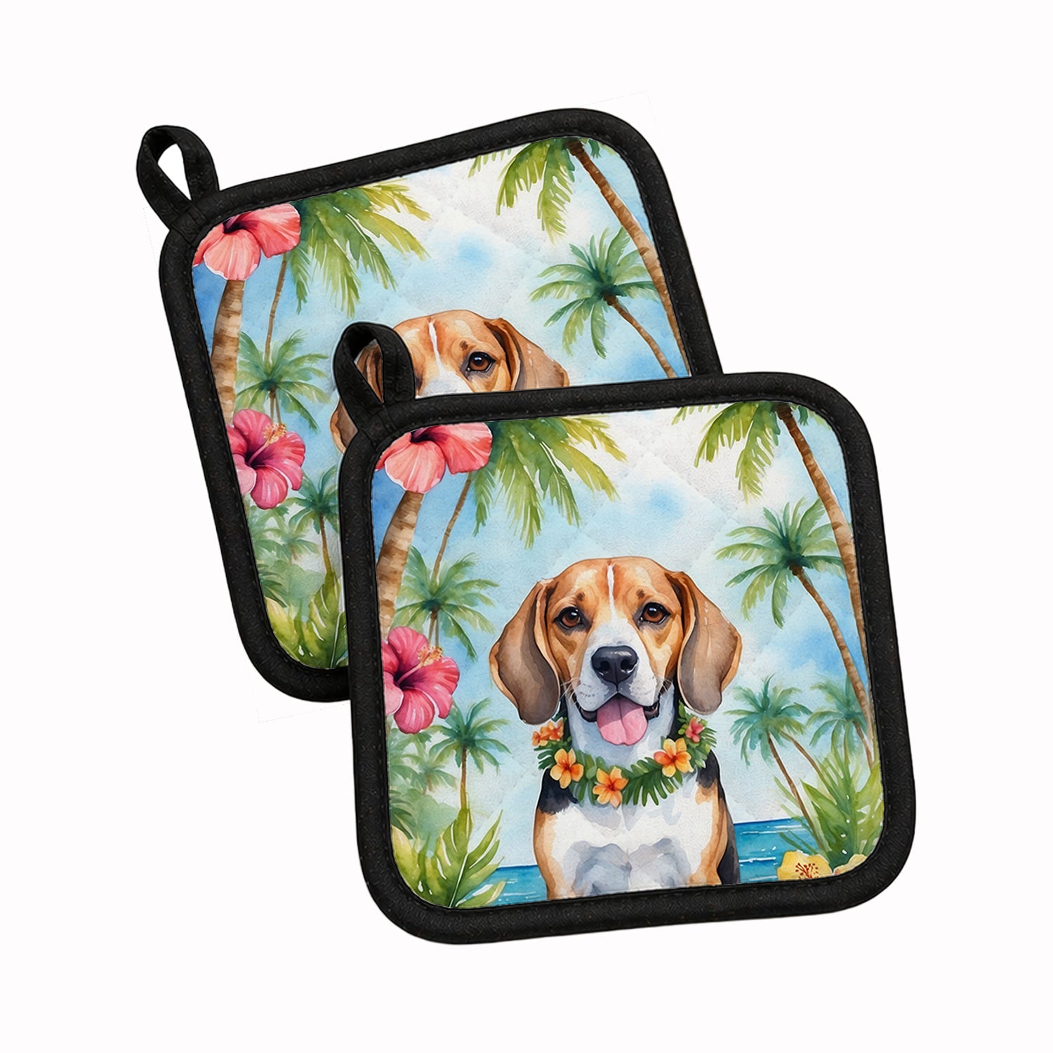 Beagle Luau Pot Holder Set of 2 Heat Resistant Quilted Hot Pads 7.5 x 7.5 Inch, Insulated Kitchen Trivets for Cooking & Baking