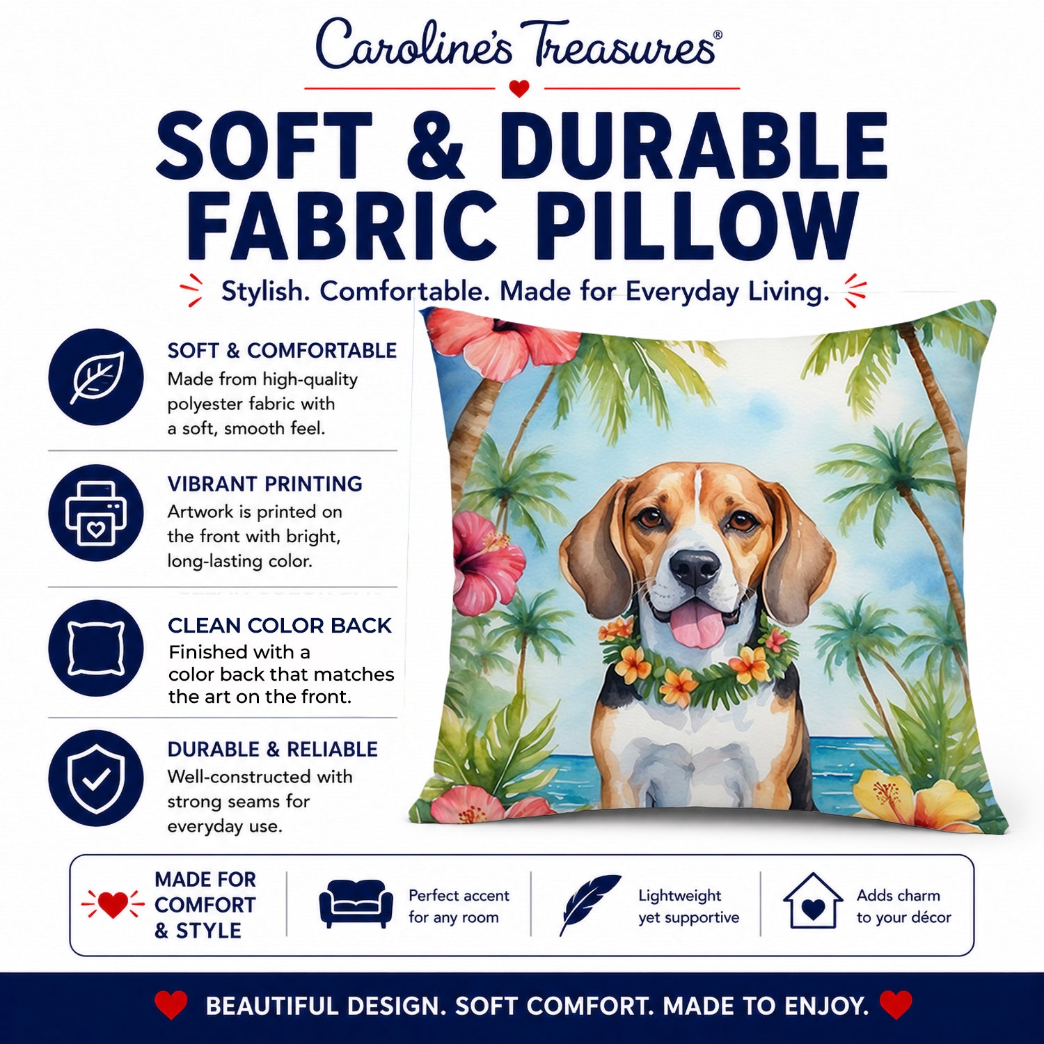 Beagle Luau Decorative Throw Pillow 14x14 Indoor Outdoor Accent Cushion, Fabric Cover with Insert for Sofa, Bed, Porch & Living Room