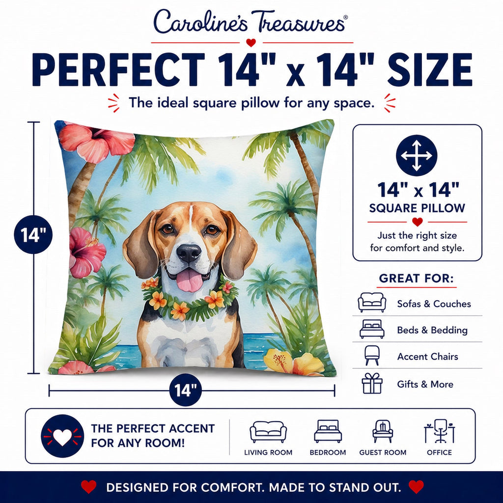 Beagle Luau Decorative Throw Pillow 14x14 Indoor Outdoor Accent Cushion, Fabric Cover with Insert for Sofa, Bed, Porch & Living Room