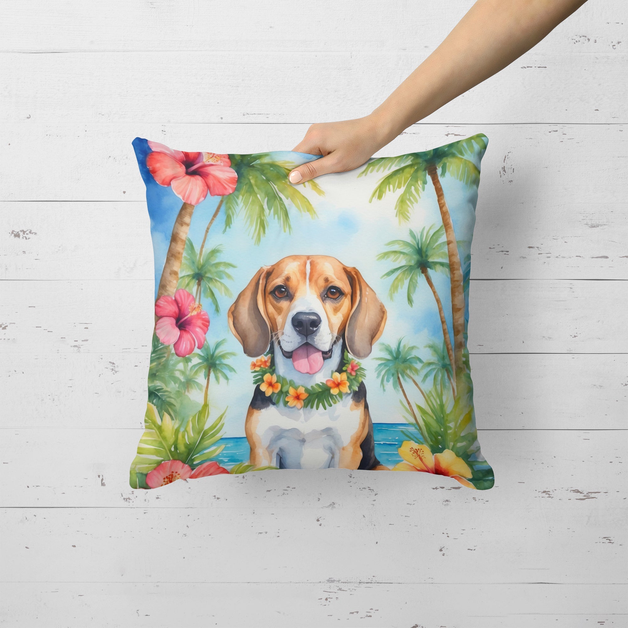 Beagle Luau Decorative Throw Pillow 18x18 Indoor Outdoor Accent Cushion, Fabric Cover with Insert for Sofa, Bed, Porch & Living Room