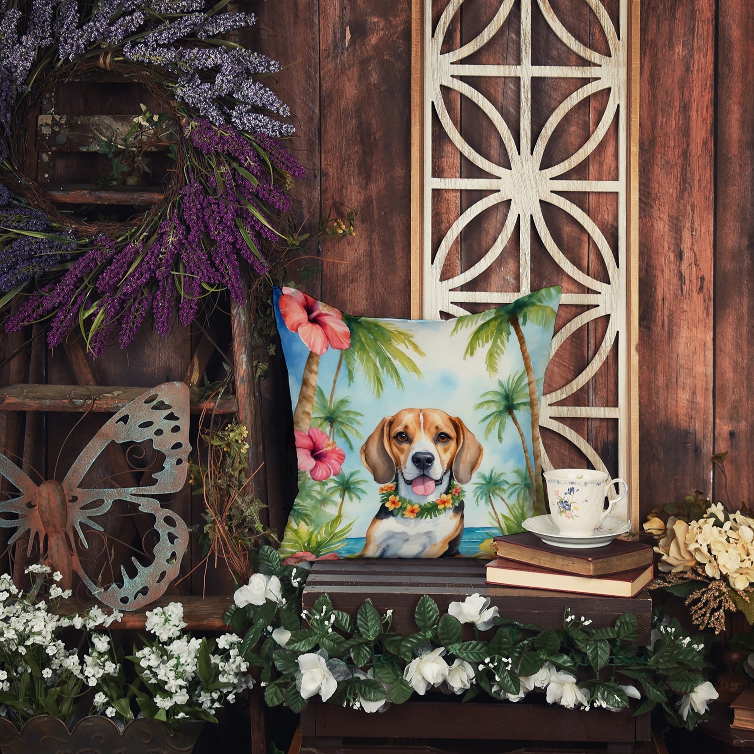 Beagle Luau Decorative Throw Pillow 18x18 Indoor Outdoor Accent Cushion, Fabric Cover with Insert for Sofa, Bed, Porch & Living Room
