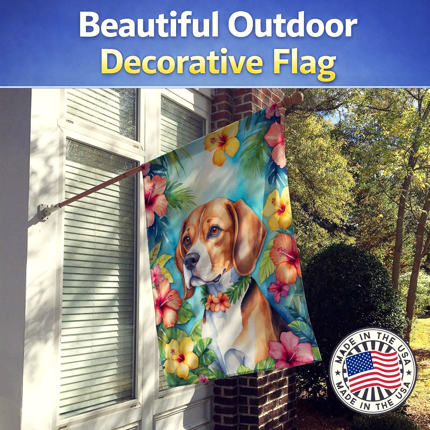 Beagle Luau House Flag 28x40 Porch Sleeve Pole Decorative Outside Yard Banner Artwork Wall Hanging, Polyester