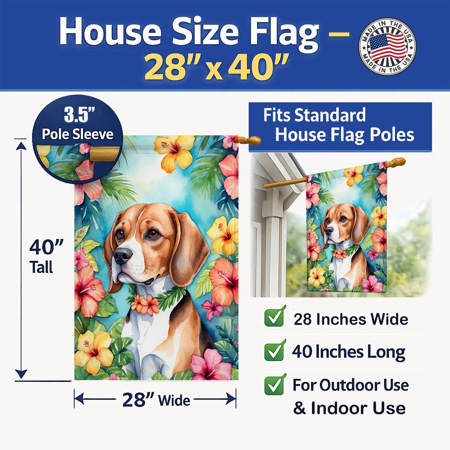 Beagle Luau House Flag 28x40 Porch Sleeve Pole Decorative Outside Yard Banner Artwork Wall Hanging, Polyester