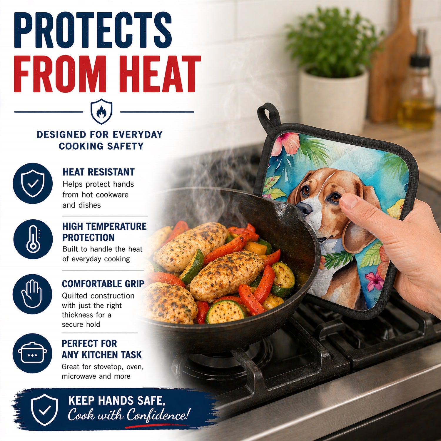 Beagle Luau Pot Holder Set of 2 Heat Resistant Quilted Hot Pads 7.5 x 7.5 Inch, Insulated Kitchen Trivets for Cooking & Baking