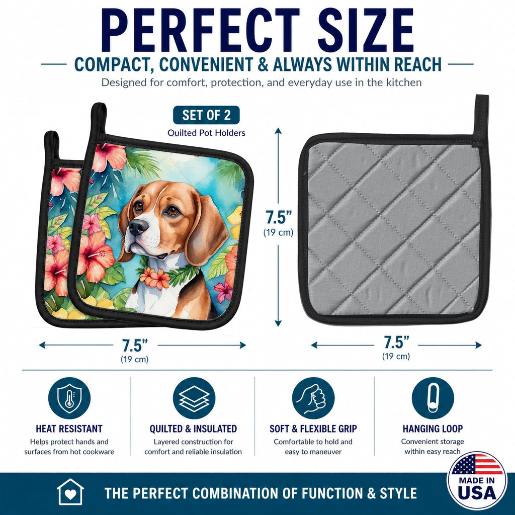 Beagle Luau Pot Holder Set of 2 Heat Resistant Quilted Hot Pads 7.5 x 7.5 Inch, Insulated Kitchen Trivets for Cooking & Baking
